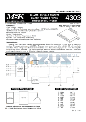 MSK4304ES datasheet - 10 AMP, 75 VOLT MOSFET SMART POWER 3-PHASE MOTOR DRIVE HYBRID