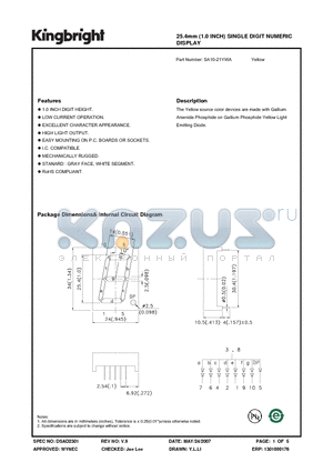 SA10-21YWA datasheet - 25.4mm (1.0 INCH) SINGLE DIGIT NUMERIC DISPLAY