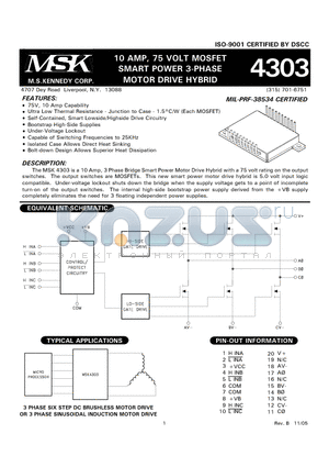 MSK4304S datasheet - 10 AMP, 75 VOLT MOSFET SMART POWER 3-PHASE MOTOR DRIVE HYBRID