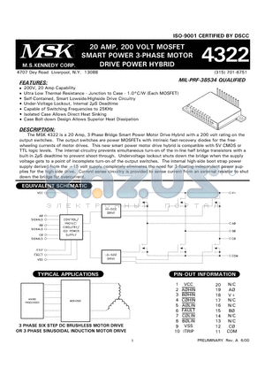 MSK4322D datasheet - 20 AMP, 200 VOLT MOSFET SMART POWER 3-PHASE MOTOR DRIVE POWER HYBRID