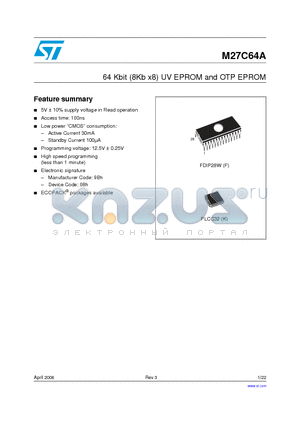 M27C64A-10K6 datasheet - 64 Kbit (8Kb x8) UV EPROM and OTP EPROM