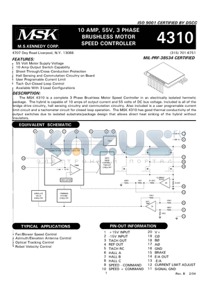 MSK4310U datasheet - 10 AMP, 55V, 3 PHASE BRUSHLESS MOTOR SPEED CONTROLLER