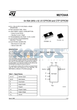 M27C64A-15C1TR datasheet - 64 Kbit 8Kb x 8 UV EPROM and OTP EPROM