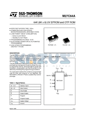 M27C64A-15C1TR datasheet - 64K (8K x 8) UV EPROM and OTP ROM
