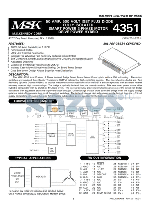 MSK4351D datasheet - 50 AMP, 500 VOLT IGBT PLUS DIODE FULLY ISOLATED SMART POWER 3-PHASE MOTOR DRIVE POWER HYBRID