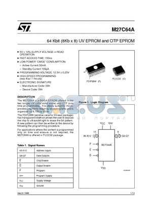 M27C64A-20C6X datasheet - 64 Kbit 8Kb x 8 UV EPROM and OTP EPROM