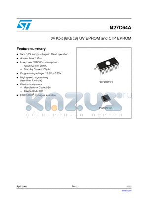 M27C64A-20F1 datasheet - 64 Kbit (8Kb x8) UV EPROM and OTP EPROM