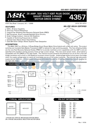 MSK4357D datasheet - 28 AMP, 500 VOLT IGBT PLUS DIODE SMART POWER 3-PHASE MOTOR DRIVE HYBRID