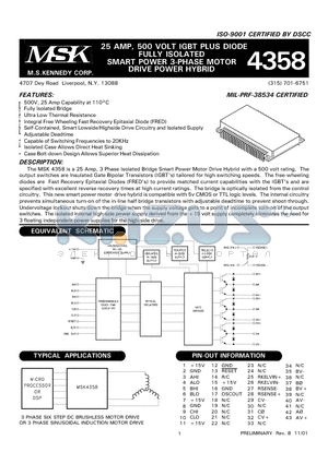 MSK4358HS datasheet - 25 AMP, 500 VOLT IGBT PLUS DIODE FULLY ISOLATED SMART POWER 3-PHASE MOTOR DRIVE POWER HYBRID