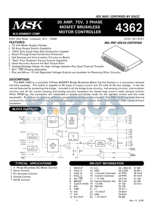 MSK4362D datasheet - 30 AMP, 75V, 3 PHASE MOSFET BRUSHLESS MOTOR CONTROLLER