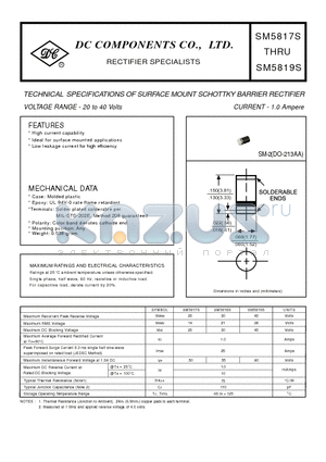 SM5817S datasheet - TECHNICAL SPECIFICATIONS OF SURFACE MOUNT SCHOTTKY BARRIER RECTIFIER VOLTAGE RANGE - 20 to 40 Volts