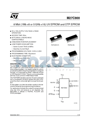 M27C800-100XK1TR datasheet - 8 Mbit 1Mb x8 or 512Kb x16 UV EPROM and OTP EPROM