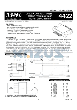 MSK4422U datasheet - 20 AMP, 200 VOLT MOSFET SMART POWER 3-PHASE MOTOR DRIVE HYBRID