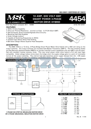 MSK4454U datasheet - 10 AMP, 600 VOLT IGBT SMART POWER 3-PHASE MOTOR DRIVE HYBRID