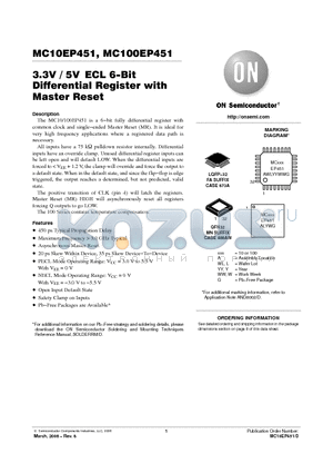 MC10EP451FAR2 datasheet - 3.3V / 5V ECL 6−Bit Differential Register with Master Reset