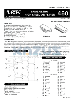 MSK450BQ datasheet - DUAL ULTRA HIGH SPEED AMPLIFIER