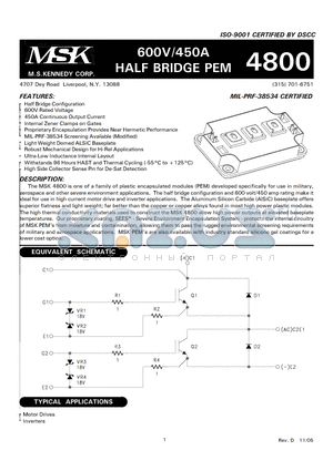 MSK4800H datasheet - 600V/450A HALF BRIDGE PEM