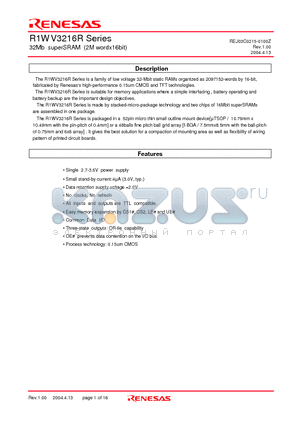 R1WV3216RSD-7SI datasheet - 32Mb superSRAM (2M wordx16bit)