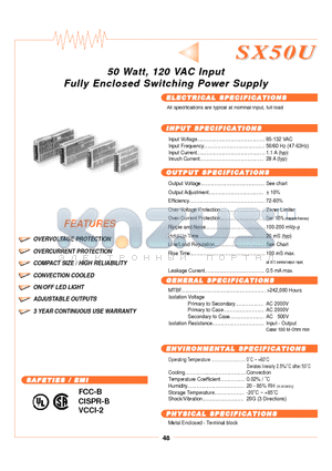 SX50U-24S datasheet - 50 Watt, 120 VAC Inputt Fully Enclosed Switchiing Power Supply