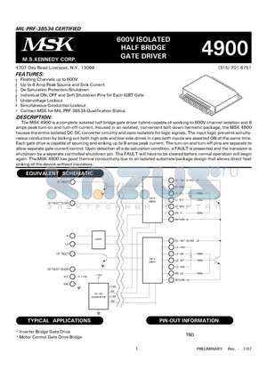 MSK4900HS datasheet - 600V ISOLATED HALF BRIDGE GATE DRIVER