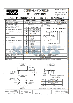 SX52-1501 datasheet - HIGH FREQUENCY 14 PIN DIP SINEWAVE