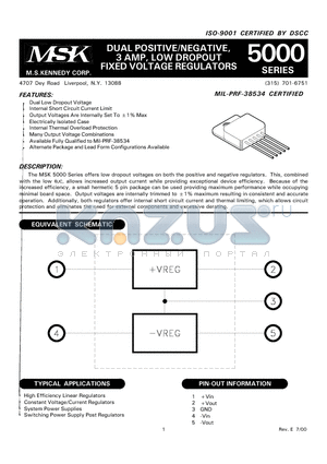 MSK5000BTD datasheet - DUAL POSITIVE/NEGATIVE, 3 AMP, LOW DROPOUT FIXED VOLTAGE REGULATORS