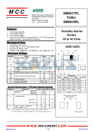 SM5819PL datasheet - Schottky Barrier Diodes 20 to 40 Volts
