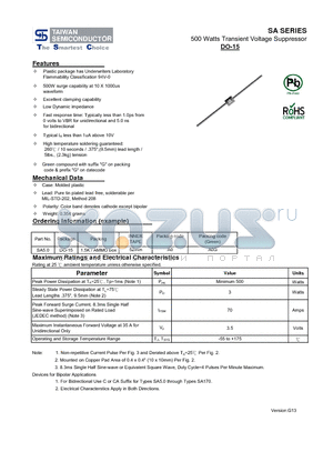 SA100A datasheet - 500 Watts Transient Voltage Suppressor