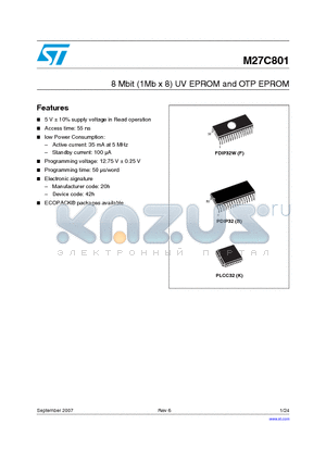 M27C801-100B6 datasheet - 8 Mbit (1Mb x 8) UV EPROM and OTP EPROM
