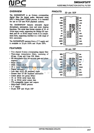 SM5840FS datasheet - AUDIO MULTI-FUNCTION DIGITAL FILTER