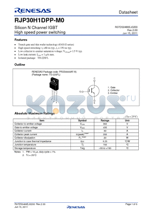 RJP30H1DPP-M0 datasheet - Silicon N Channel IGBT High speed power switching
