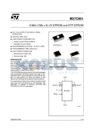 M27C801-100K1X datasheet - 8 Mbit 1Mb x 8 UV EPROM and OTP EPROM