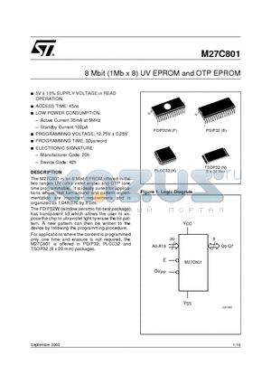 M27C801-100K6TR datasheet - 8 Mbit 1Mb x 8 UV EPROM and OTP EPROM