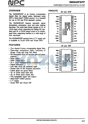 SM5840FP datasheet - AUDIO MULTI-FUNCTION DIGITAL FILTER
