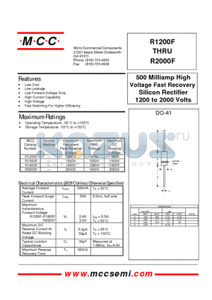R2000F datasheet - 500 Milliamp High Voltage Fast Recovery Silicon Rectifier 1200 to 2000 Volts