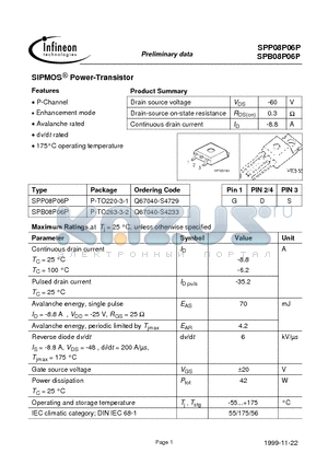 SPB08P06P datasheet - SIPMOS Power-Transistor