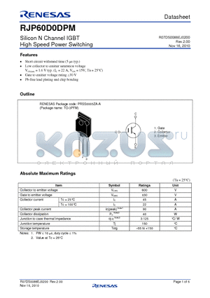 RJP60D0DPM datasheet - Silicon N Channel IGBT High Speed Power Switching