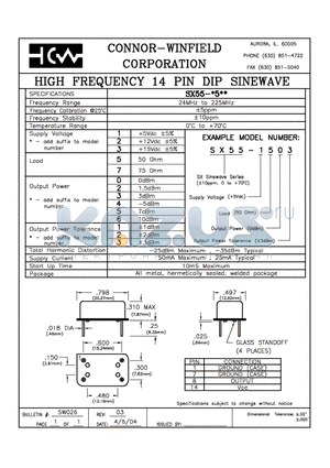 SX55-1521 datasheet - HIGH FREQUENCY 14 PIN DIP SINEWAVE