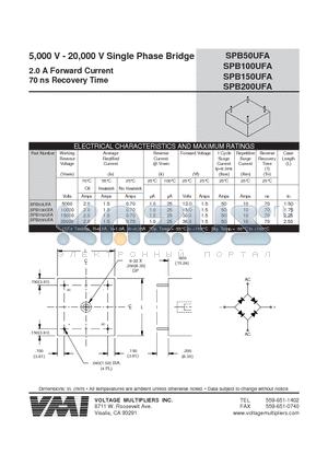 SPB100UFA datasheet - 5,000 V - 20,000 V Single Phase Bridge 2.0 A Forward Current 70 ns Recovery Time