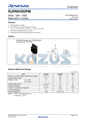 RJP60V0DPM datasheet - 600V - 22A - IGBT Application: Inverter