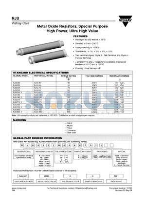RJU050 datasheet - Metal Oxide Resistors, Special Purpose High Power, Ultra High Value