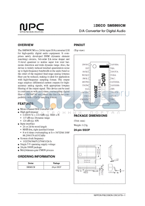 SM5865CM datasheet - D/A Converter for Digital Audio