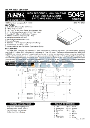 MSK5045-2.5 datasheet - HIGH EFFICIENCY, HIGH VOLTAGE 4 AMP SURFACE MOUNT SWITCHING REGULATORS