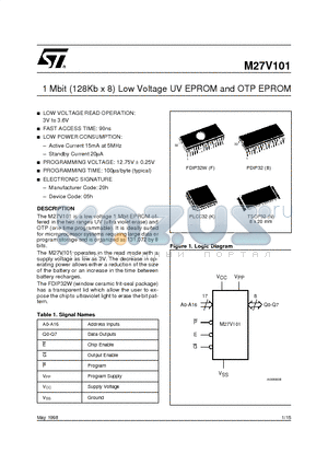 M27V101 datasheet - 1 Mbit 128Kb x 8 Low Voltage UV EPROM and OTP EPROM