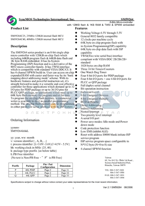 SM59264 datasheet - 8-Bits Micro-controller with 128KB flash & 1KB RAM & TWSI & SPWM embedded