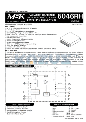 MSK5046-1.5HRH datasheet - RADIATION HARDENED HIGH EFFICIENCY, 5 AMP SWITCHING REGULATORS