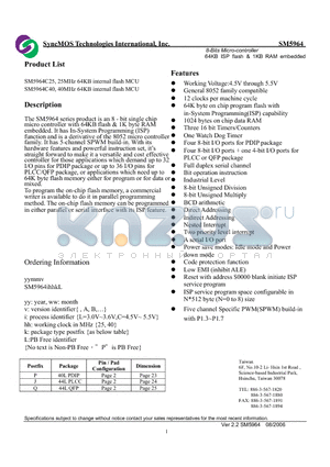 SM5964C40 datasheet - 8-Bits Micro-controller 64KB ISP flash & 1KB RAM embedded