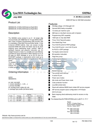 SM5964IHHK datasheet - 8 - bit single chip microcontroller with 64KB flash & 1K byte RAM embedded