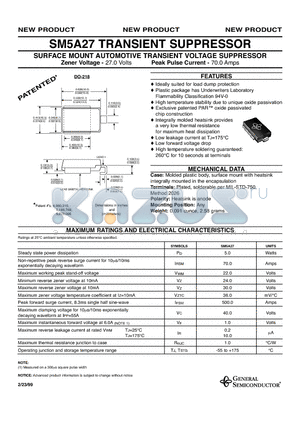 SM5A27 datasheet - SURFACE MOUNT AUTOMOTIVE TRANSIENT VOLTAGE SUPPRESSOR