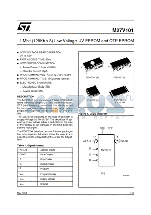 M27V101-90N1TR datasheet - 1 Mbit 128Kb x 8 Low Voltage UV EPROM and OTP EPROM